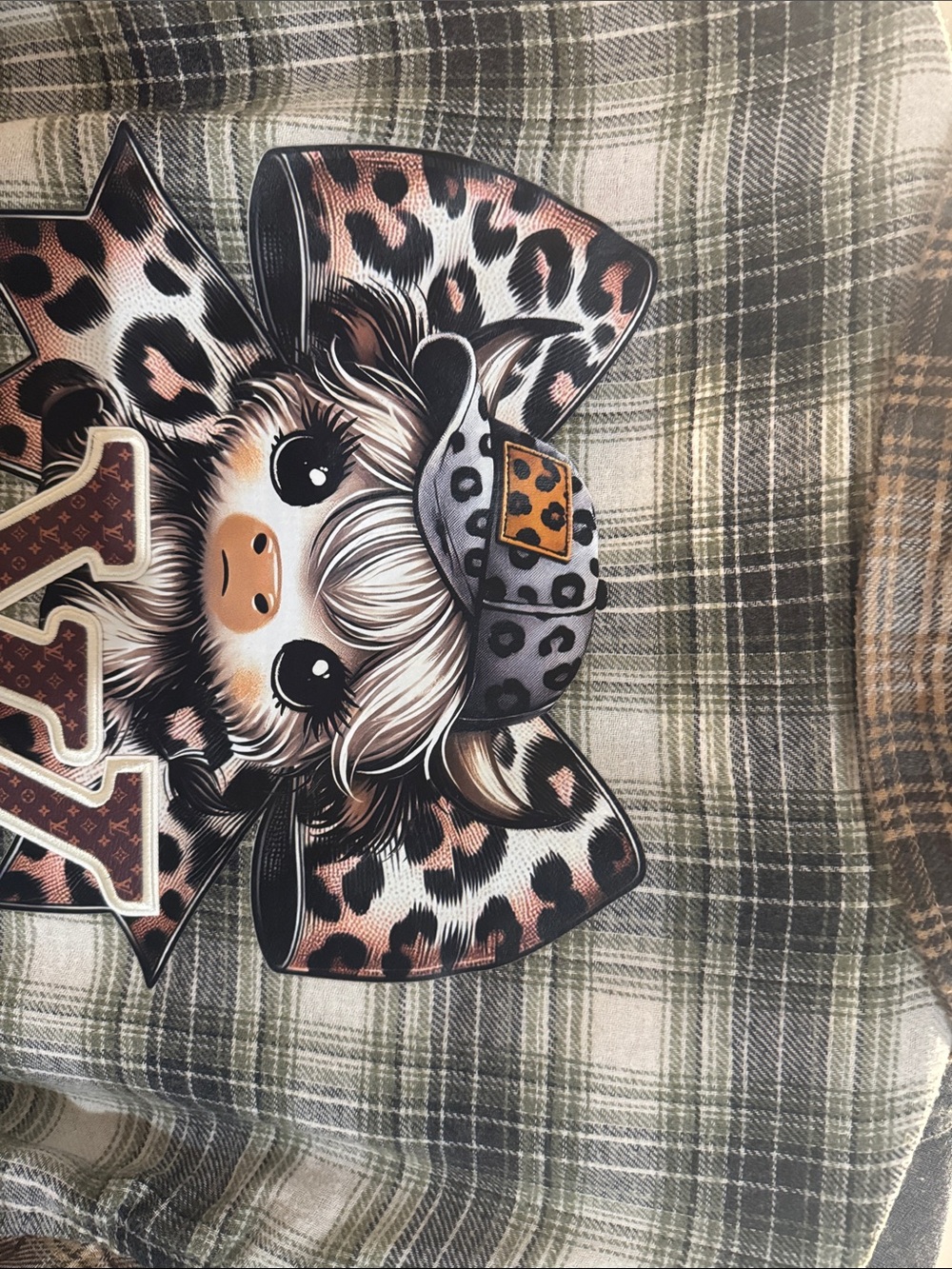 Leopard Bow Graphic Top with Plaid Background - Brown & Black
